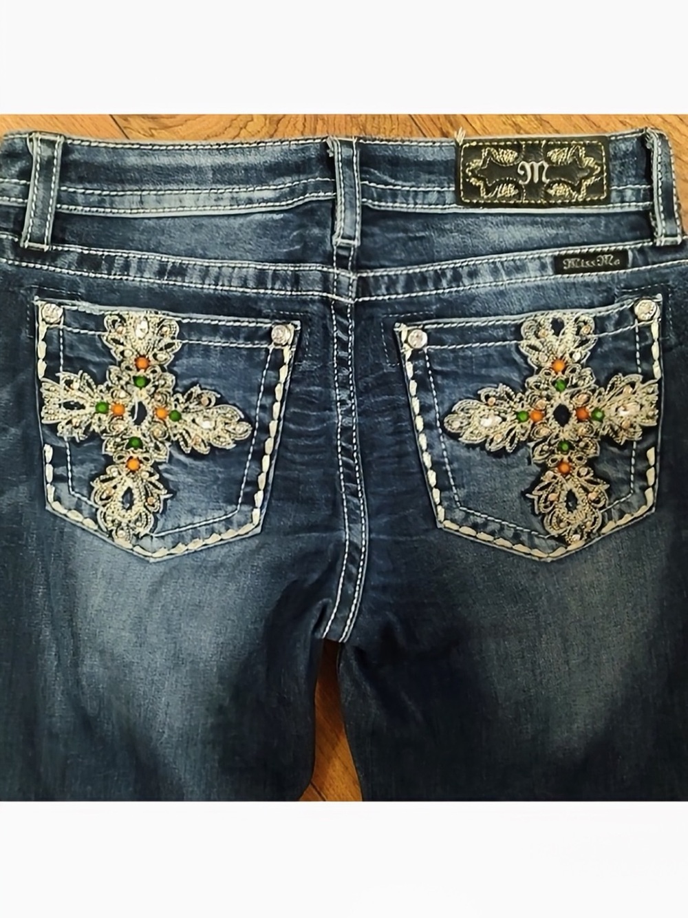 Absolutely Gorgeous Y2K Miss Me Chloe Boot Jeans Embellished Pockets 34” Inseam
